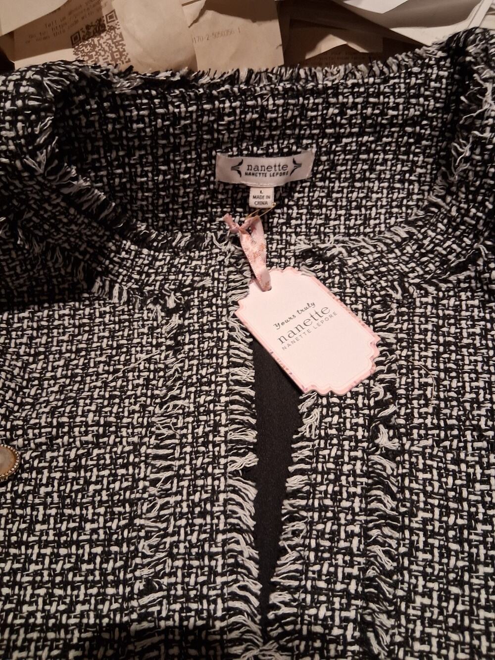 NWT NANETTE LEPORE BLACK AND WHITE TWEED PEARLS JACKET L $199